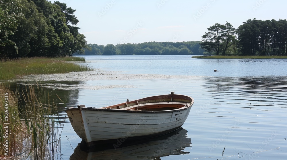 A small boat sitting on the water in a lake, AI