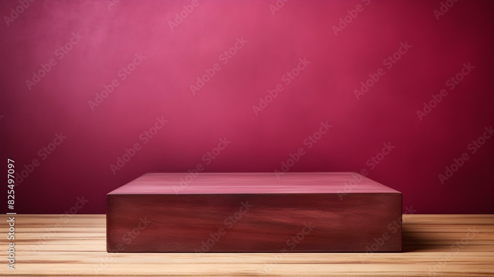 Close up of a square wooden Pedestal for Product Presentation. Empty burgundy Showroom Close up of a square wooden Pedestal for Product Presentation. Empty burgundy Showroom