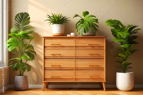Wooden chest of drawers and houseplants near beige wall in modern living room isolated on white background, pop-art, pong. © Sahiqa Edits