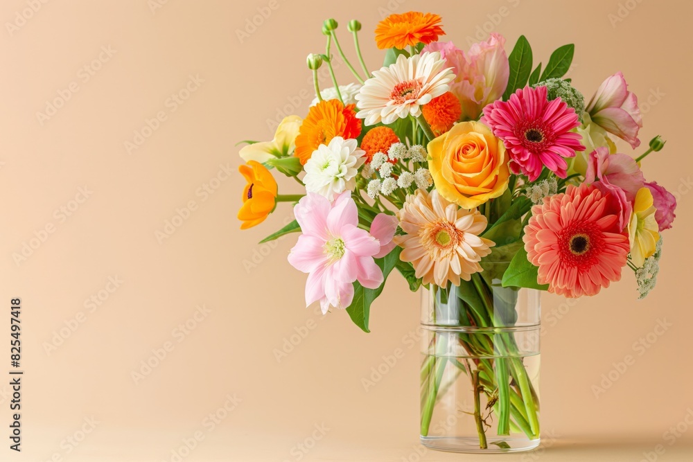 Colorful arrangement of fresh mixed flowers displayed in a clear glass vase on a beige background, with copy space for greetings or celebratory messages