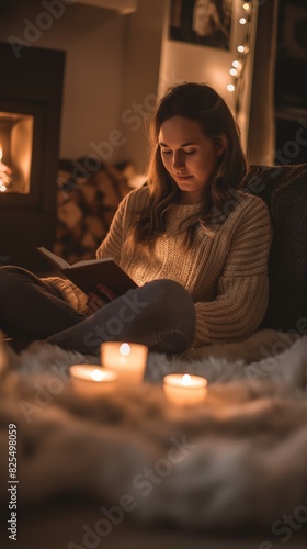 Young Caucasian woman reading a book by candlelight in a cozy home setting during the evening