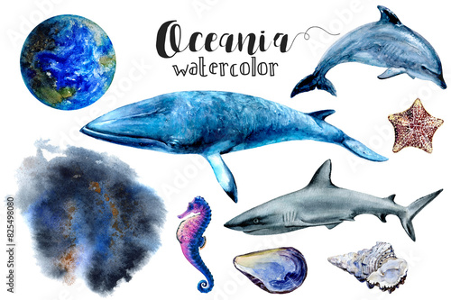 Vivid watercolor paintings of oceanic organisms in azure and electric blue