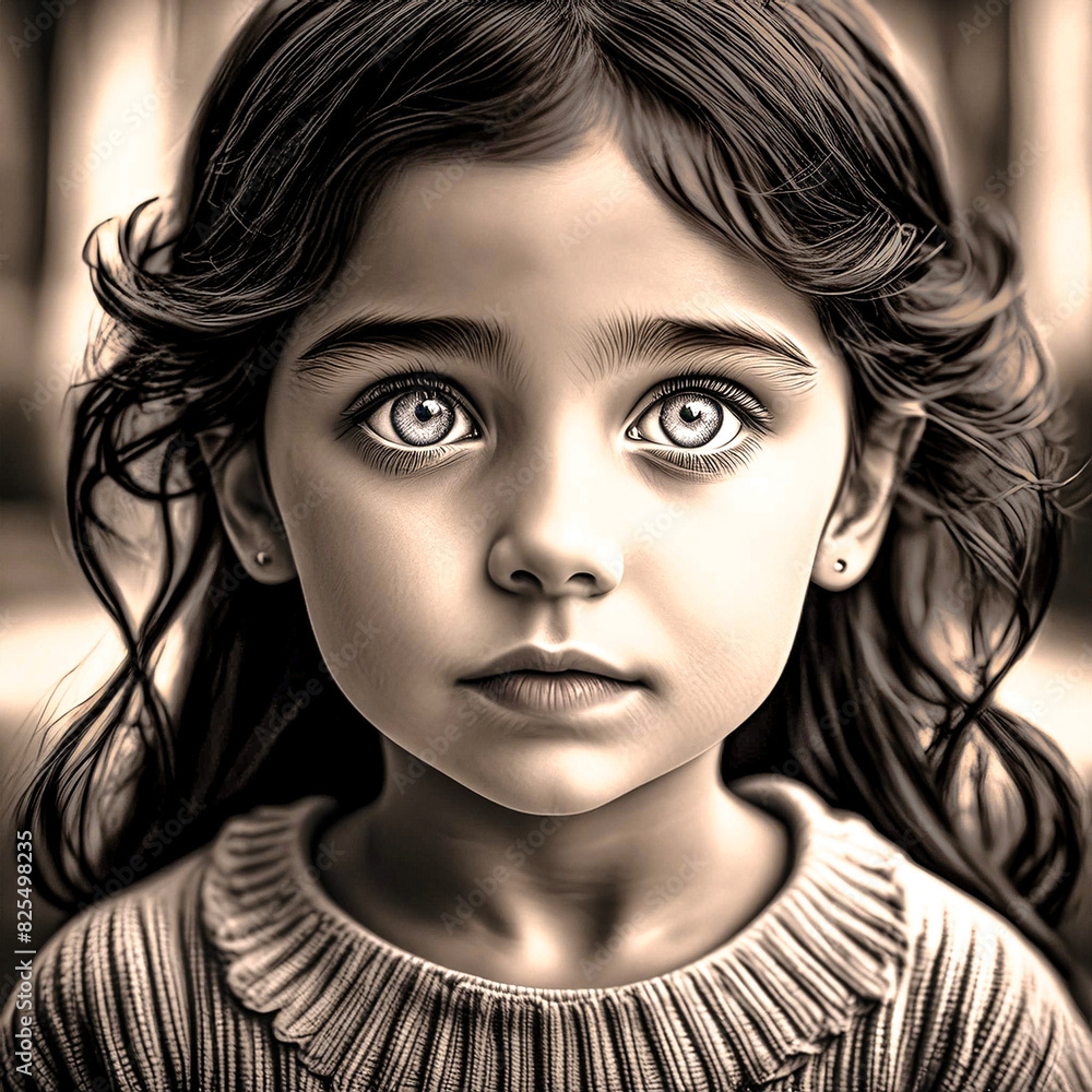 Fototapeta premium Black and white little girl illustration 