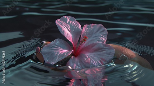   A pink flower floating in calm water with gentle ripples