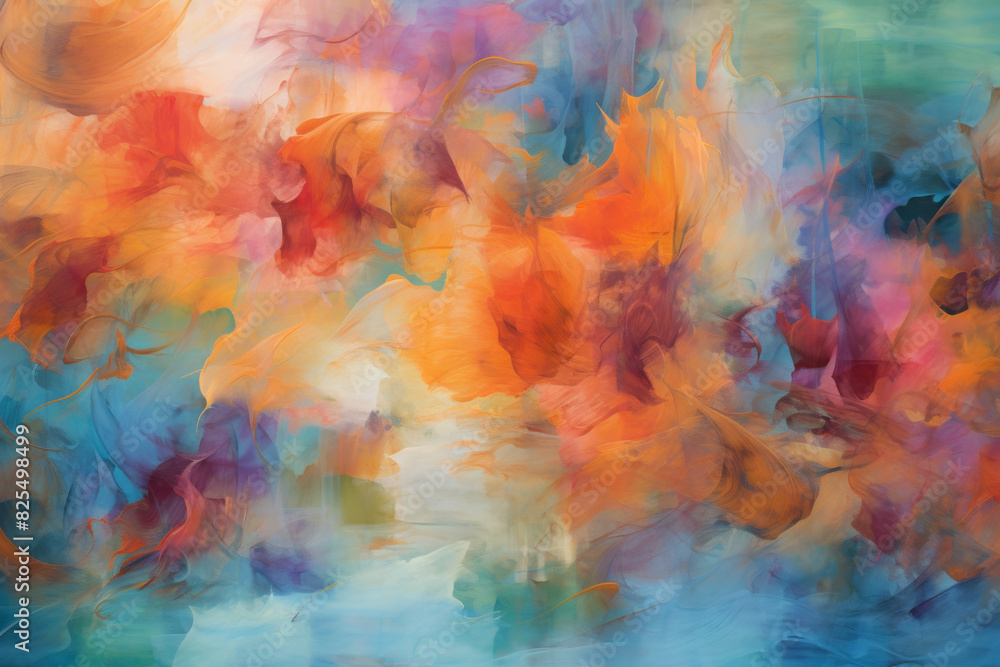 A blurred, abstract painting of an autumn landscape with leaves and trees in various shades of orange, red, green, blue, and yellow. The colors blend into each other creating a sense of movement and d A blurred, abstract painting of an autumn landscape with leaves and trees in various shades of orange, red, green, blue, and yellow. The colors blend into each other creating a sense of movement and d