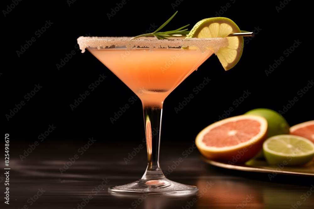 Fototapeta premium Refreshing lemon cocktail with rosemary garnish served in a martini glass.