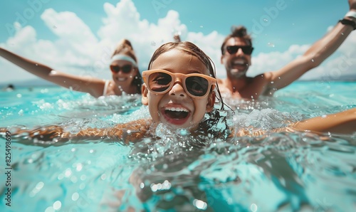 Happy little girl in sunglasses swimming in the sea with her parents in the background, summer vacation
