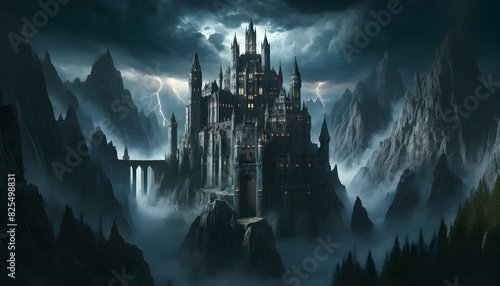 A terrifying castle perched on a rocky cliff, surrounded by lightning storms and dark, foreboding mountains, exuding a horrific and menacing presence. photo