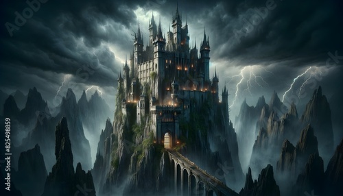 A terrifying castle perched on a rocky cliff, surrounded by lightning storms and dark, foreboding mountains, exuding a horrific and menacing presence. photo