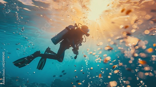 scuba diver underwater in the sea in summer photo