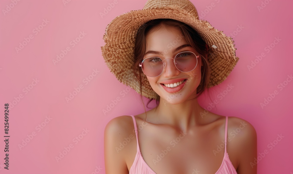 Portrait of Beautiful attractive young woman wears in bikini, straw hat and sunglasses who posing isolated on pink studio background Portrait of Beautiful attractive young woman wears in bikini, straw hat and sunglasses who posing isolated on pink studio background
