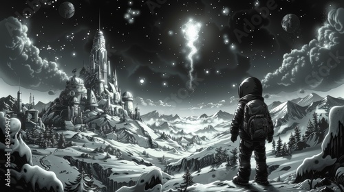 A man in space suit standing on a snowy mountain with stars, AI photo