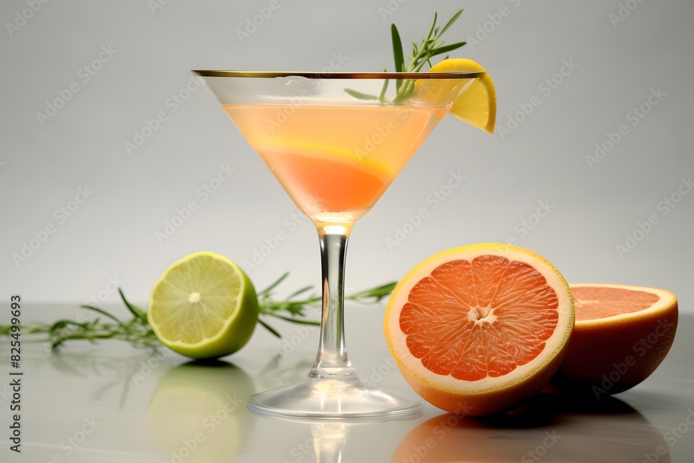Refreshing lemon cocktail with rosemary garnish served in a martini glass. Refreshing lemon cocktail with rosemary garnish served in a martini glass.