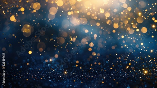 An abstract dark blue and gold particle background.