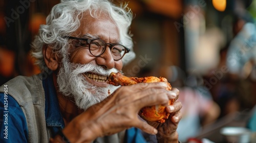 Indian asian mid age handsome man eating chicken leg piece with happiness photo