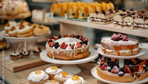 Showcase with different tasty desserts in bakery shop  closeup