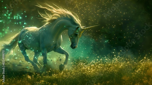 White unicorn running through a magical forest
