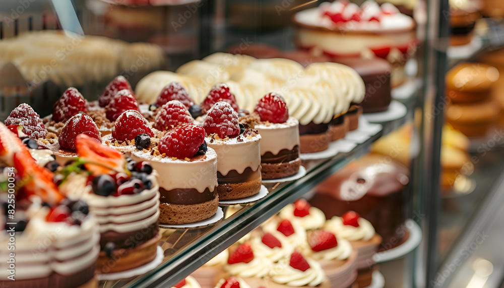 Showcase with different tasty desserts in bakery shop, closeup