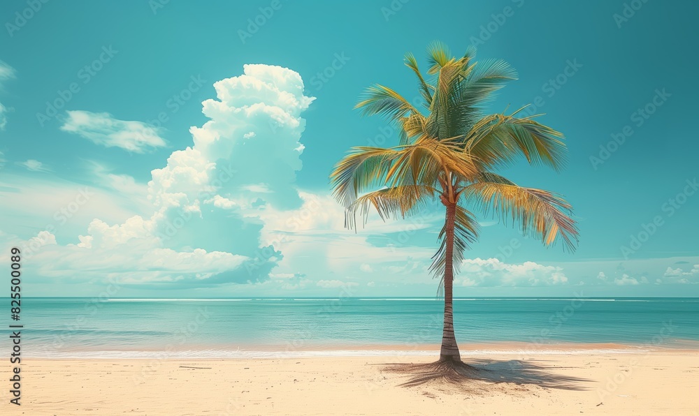Lonely coconut palm tree on white snow beach with ocean or sea view with copy space