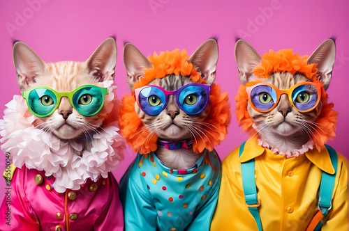 Creative animal concept, Group of Devon Rex cats and kittens in funky wild mismatched colorful outfits on bright background for advertisement, copy space, birthday party invite, and banner