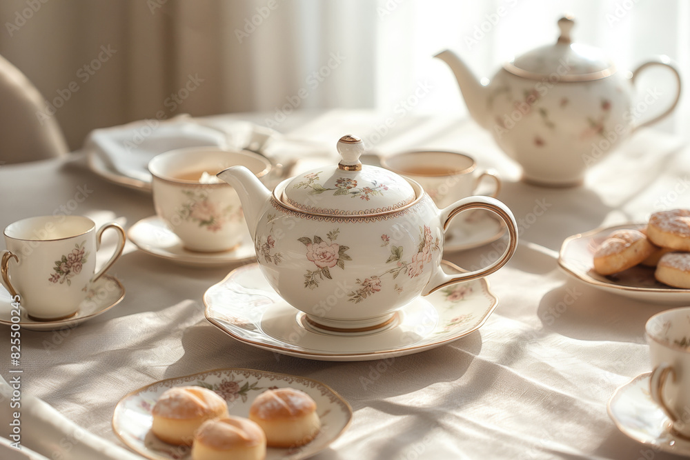 Elegant afternoon tea setup bathed in warm sunshine, featuring a floral porcelain teapot, cups, and delicious pastries on a white clothed table, creating a serene and inviting atmosphere Elegant afternoon tea setup bathed in warm sunshine, featuring a floral porcelain teapot, cups, and delicious pastries on a white clothed table, creating a serene and inviting atmosphere