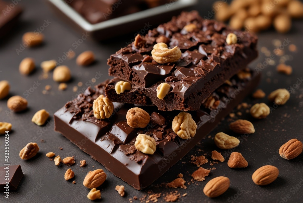 chocolate slices on a dark background with nuts chocolate slices on a dark background with nuts