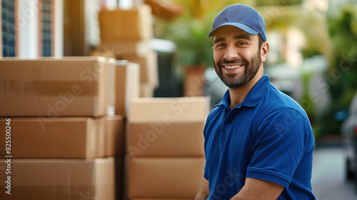 A young smiling male courier in a blue uniform stands near the parcels. Postal delivery concept. Couriers service and transportation