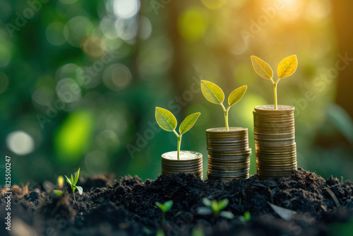 Coins with plants growing in the soil. Investment  business and finance concept