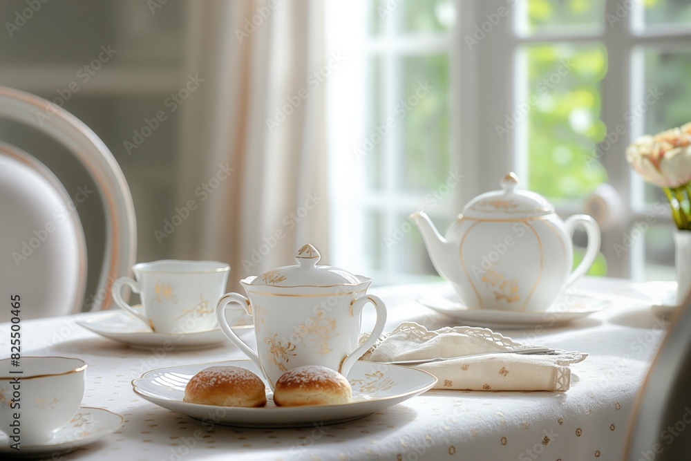 Serene setting featuring a delicate porcelain tea set and pastries on a table adorned with a floral cloth, bathed in the warm, natural light of a peaceful afternoon Serene setting featuring a delicate porcelain tea set and pastries on a table adorned with a floral cloth, bathed in the warm, natural light of a peaceful afternoon