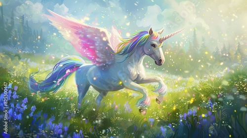 Winged unicorn in a magical meadow for fantasy or fairytale themed designs
