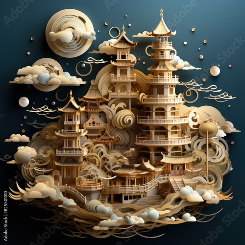 city of moon in the style of traditional japanese motifs, lush baroque still lifes, playful illustrative style, tondo, graceful balance, chinapunk, art of burma, flat vector illustration photo