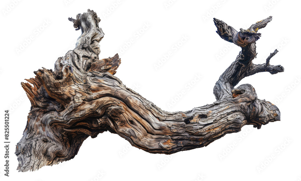 Fototapeta premium Twisted driftwood tree trunk sculpture, cut out - stock png.