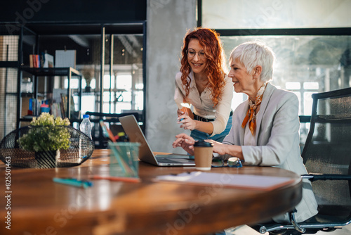 An old and young businesswomen smiling at laptop at the office. photo