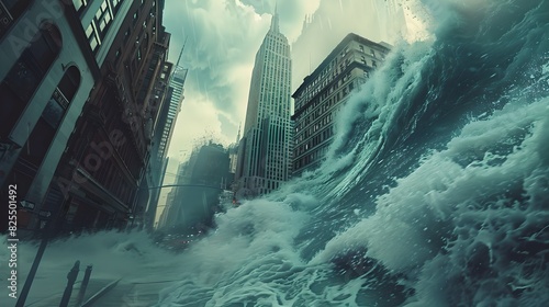 Tsunami wave flooding city street. Natural disaster and cataclysm concept. Design for banner, wallpaper. Dramatic background