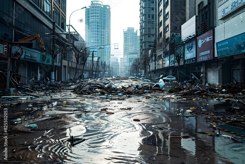 Flooded urban street after tsunami. Natural disaster and cataclysm concept. Design for banner, wallpaper. 