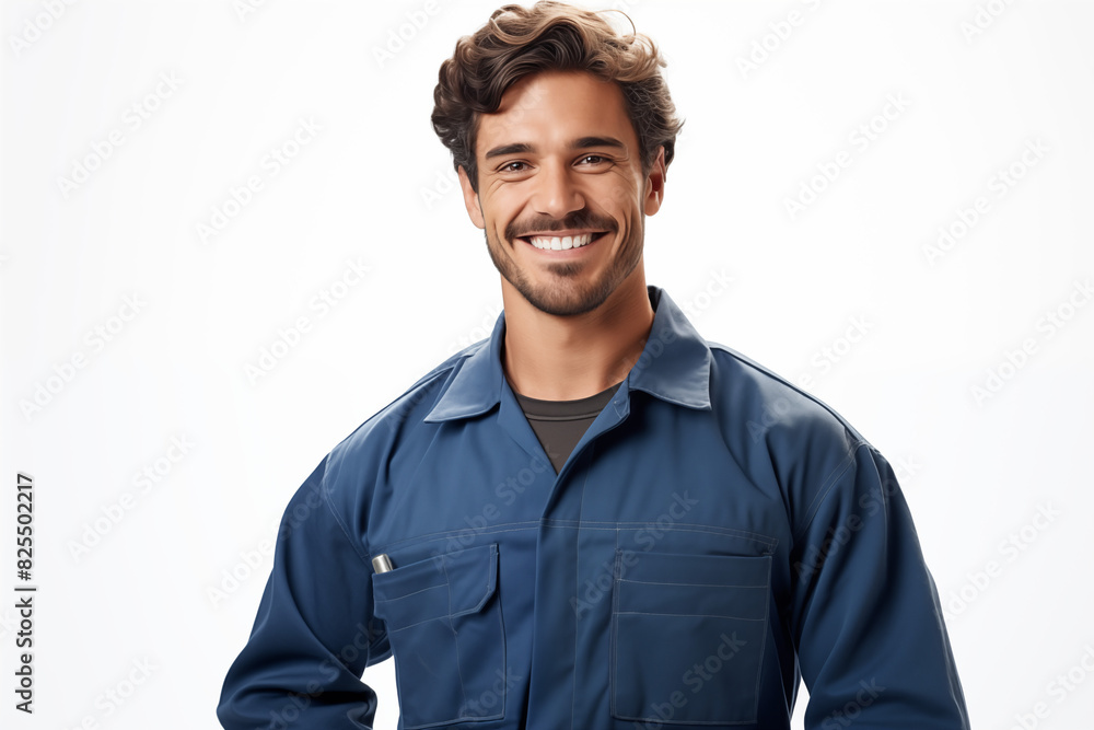 Obraz premium Mechanic man smiling on white background. Automotive industry. Car repair. Car garage. Mechanical training. Image for graphic designer.