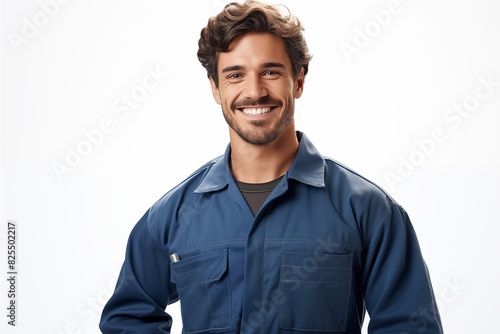 Mechanic man smiling on white background. Automotive industry. Car repair. Car garage. Mechanical training. Image for graphic designer.