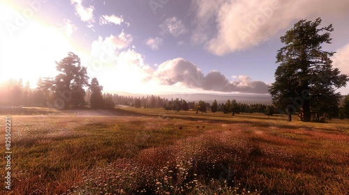  Sun glimmers past cloudy sky onto field with lush grass & vibrant flowers