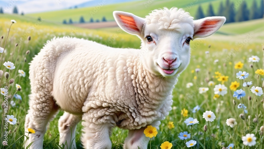 White sheep on green grass floral meadow White sheep on green grass floral meadow