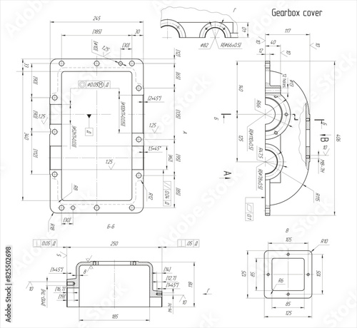 Assembly drawing of reducer cover.
Vector drawing of steel mechanical detail with
 bolted connection and dimension lines.
Engineering cad scheme. Technical template. 
Cross section.