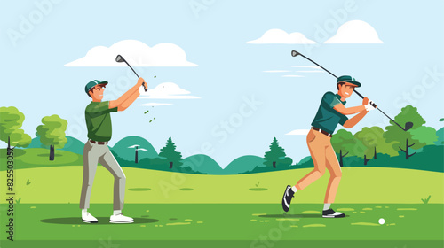 Cartoon man playing golf in summer field happy go