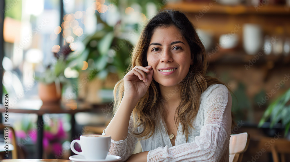 A portrait of an attractive Hispanic woman sitting at a table in a coffee shop, smiling and holding her hand near her face A portrait of an attractive Hispanic woman sitting at a table in a coffee shop, smiling and holding her hand near her face