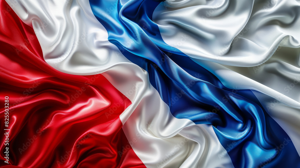 Abstract background with the colors of France flag. Red, white and blue wavy silk fabric