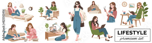 Modern Woman Lifestyle - Premium Illustration Set, Elegant Lifestyle Activities, Chic Female Illustrations, Contemporary Woman’s Day-to-Day - Exclusive Art Collection, Transparent SET of png or vector