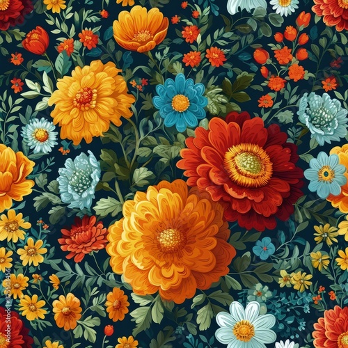 Colorful batik flowers pattern flat vector illustration