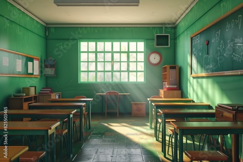 Empty classroom bathed in warm sunlight through a window  featuring a chalkboard  wooden desks  and vintage decor