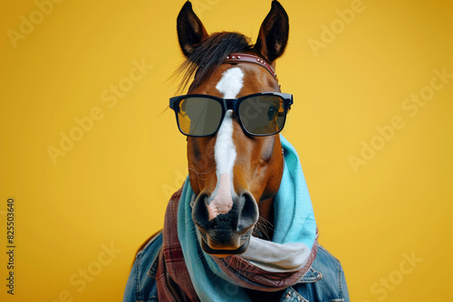 A man is wearing a yellow jacket and sunglasses while wearing a horse mask