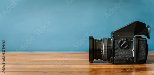 Camera is on the table. Medium format analog film camera on a blank background. Retro vintage technology style