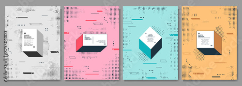 Vector abstract illustration. Neo memphis pattern banner collection with halftone dotted elements. Flow graphic shapes. Vibrant color quote frames. Design elements for poster, cover, layout, magazine