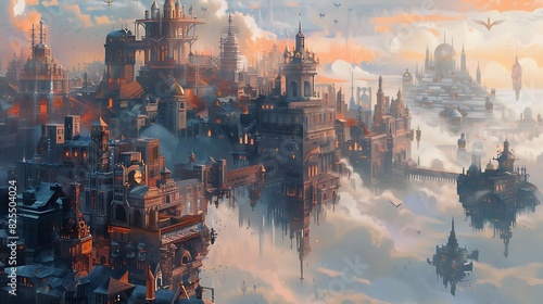 A high-definition illustration of an imaginary cityscape, blending traditional drawing techniques with digital enhancements for a unique effect.